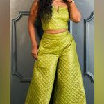 The Sang The Quilted Set Olive Sequin Bustier And High Waisted Wide Leg Pants Set Medium Photo 1