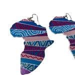 Africa Shaped Wood Earrings With Colorful Tribal Patterns Fishhook Backs 90s u Blue Photo 1