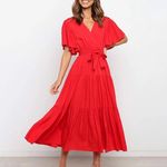 Boutique Bright Red V-neck Flutter Sleeve Midi Dress Photo 0