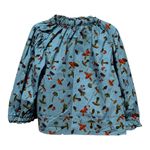 Never A Wallflower Gathered V Neck Blouse Blue Mushroom Print Shirt Size Medium Photo 2