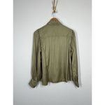 Hale Bob  Satin Button Front Top Small Silk Blend Olive Puff Sleeves Photo 6