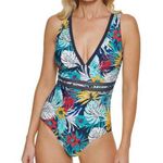 Tommy Hilfiger Printed Illusion One-Piece Swimsuit Tropical Floral Blue 10 Photo 0