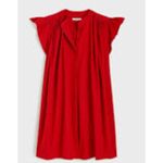 Madewell  Flutter Sleeve‎ Button-Front Poplin Mini Dress Red Pcockets Size Large Photo 1