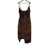 Pretty Little Thing NWT Midi Dress Womens 12 Brown Leopard Satin Cowl Neck Sexy Photo 2