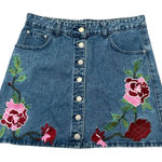 Embroidered Floral Denim Mini Skirt XL Pink Feminine BoHo Cottagecore Concert Photo 0
