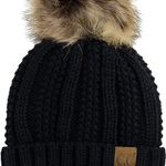 Thick Cable Knit Faux Fuzzy Fur Pom Fleece Lined Skull Cap Cuff Beanie Photo 0