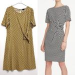 Ann Taylor Factory Faux Wrap Dress Mustard Navy Geometric Side Tie Fit & Flare L Photo 1