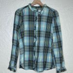 Loft Women's Green Plaid Ruffle Neck Long Sleeve Cotton Shirt Size Medium Photo 0