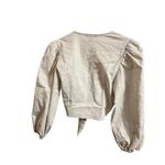 Cotton Express Express Crop Top Womens Small Light Beige Linen Blend Puff Sleeve Tie Front Photo 1