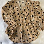 JODIFL  abstract leopard print tan billowy poet sleeve V-neck tunic blouse shirt Photo 5