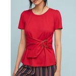Anthropologie  Maeve Shirt Dakota Buckle Wrap Top Short Sleeve Red Petite MP Photo 0