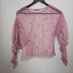 ZARA Blouse Tulle Sheer Floral Pink Puff Sleeves Long Sleeve Casual Crewneck Photo 6