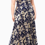 Betsy and Adam . Plus Size Layla Halter Top Foil Print Gown. Photo 0