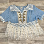 John Mark  Blue Boho Top Short Sleeve, Lace Beading J17 Photo 0