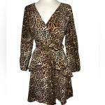 Huguest Leopard Ruffle Deep Drop Neckline Mini Dress with Belt Tie Brown Size M Photo 1
