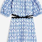 H&M Embroidered Cut Out Puff Mini Dress Cottagecore Boho Blue White M Photo 0
