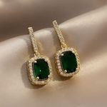 Women's Diamond Green Gemstone Square Emerald Dangle Drop Earrings Gold Photo 0