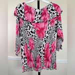 Bold Animal Print Floral Pleated Blouse 2X Stretchy Top Dressbarn Corpcore Chic Pink Photo 9