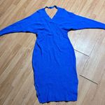 Large women Blue stretch polyester blend Knit Dress batwing sleeves midi Photo 11