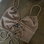 White Fox Boutique  Brown Ribbed Strappy Crop Top Shirt Blouse Small Photo 2