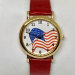Vintage USA flag gold tone women watch 27mm genuine lizard up to 6.5” running Photo 0