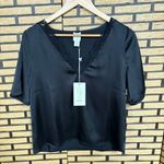 Joie  Black‎ Satin Lace Trim Short Sleeve Blouse Size Small Photo 0