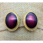Trifari TM Gold Tone Oval Clip On Earrings Textured Trim Purple Plum Center 1" Photo 1