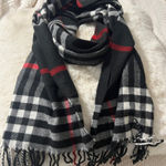 Black and White Plaid Scarf with Red Accents Photo 0