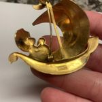 Signed SPAIN Vintage Faux Damascene Sail Boat with Couple with Umbrella Brooch Photo 5