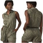 prAna New NWT Romper Weekend Escape L Womens Tie Pockets Rye Green Leaves Button Photo 1
