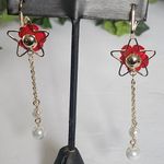 Gold with Velvet Red Rose Flower and Pearls Danglr Drop Earrings Photo 5