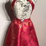 Adrianna Papell Metallic Shiny Puffy Overlay Print Fuchsia Magenta Cutouts Gold Prom Open Back Coquette Colorful Bright XV Damas Dance Photo 2