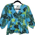 Draper James  Tropical Linen Top Puff Sleeve Monstera Floral Size 10 Tie Back Photo 0