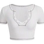 SheIn  ICON Top-stitching Notched Neck Crop Tee in White, Size L​​​​​​ Photo 0