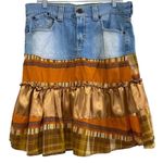 Levi's Vintage Boho Denim Ruffle Skirt Size 11 Mixed Print Tartan Plaid Stretch Photo 0