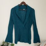 margaret o'leary  Merino Wool Superkid Teal Speckled Shawl Pullover Bell Sleeve Photo 5