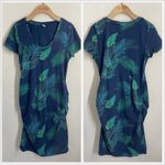 Old Navy  Maternity Dress size M Tropical Leaf Print Blue Green Ruched Scoop Neck Photo 1