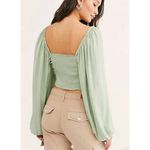 Free People  laria Blouse Pleated Adjustable Drawstring Puff Sleeve bright Mint g Photo 1
