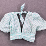 ZARA Gingham Tie Back Cropped Top Size XL Green Seersucker Puff Sleeve V-Neck Photo 0