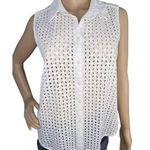 Liz Claiborne White Collared Sleeveless Lace and Mesh Button Up Blouse Photo 0