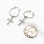 Silver Cross Hoops – Minimalist Rhinestone Earrings, Dainty Christian Jewelry Photo 2