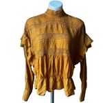 Free People  Mustard Yellow High Neck Long Sleeve Eyelet Smocked Ruffle Top, Sz L Photo 4