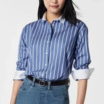 Spanx  Blue Relaxed Fit Poplin Stripe Button Front Top Size Large Photo 0