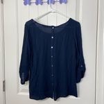 Skies Are Blue NWOT  Anthropologie navy yellow‎ embroidered cuff sleeve blouse XS Photo 5