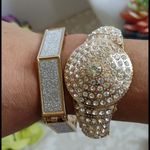 2 Gold with Crystal Shimmer Bangle Bracelets Hinge / Clamper Style Photo 4