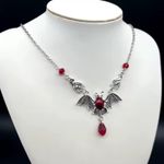 Bat Necklace Vampire Pendant Red Stone Gothic Halloween Jewelry Womens New 23in Silver Photo 1