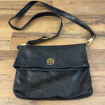 Tory Burch Dena Fold Over Black Distressed Leather Crossbody Purse Bag Photo 0