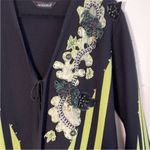 Vintage 90s Y2K Angora Tie Front Cardigan Sweater Black Lime Green Floral Large Photo 10