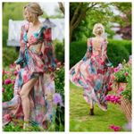 NWT Sukiso Esvedra Gown in Tropical Palm Size Small Cut Out Resort wear Wedding Pink Photo 13