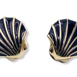 Monet VTG 80s Signed Clam Shell Clip-On Earrings Art Deco Estate Gold Tone Black Photo 6